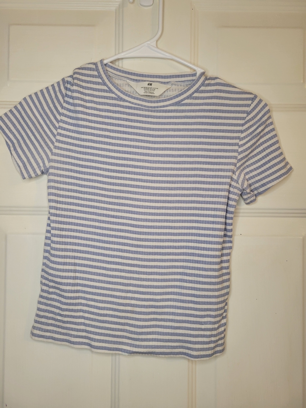 H&M Kids Light Blue & White Striped Ribbed Short Sleeve Tee